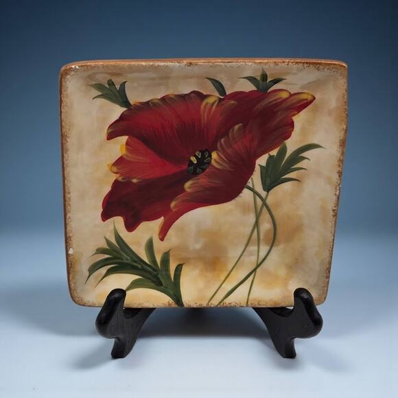 Pier 1 Imports Set/4 Poppies Hand-Painted Earthenware 6" Square Appetizer Plates - Picture 3 of 16